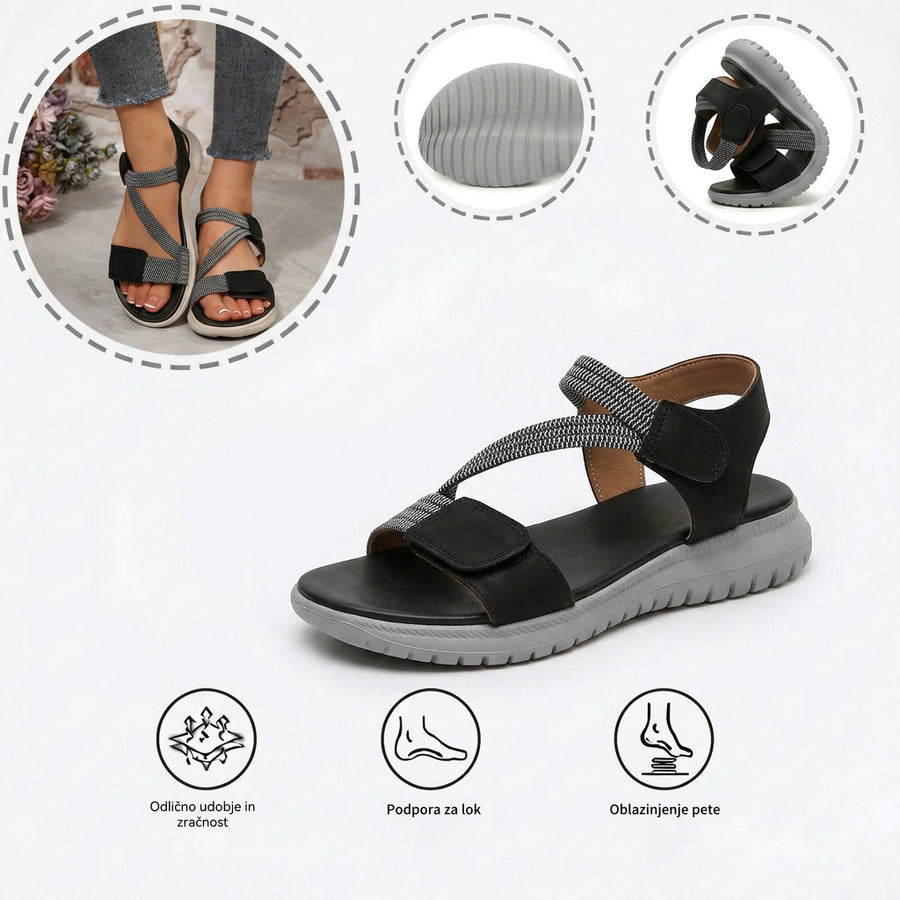 Udobne ortopedske sandale – ergonomična podpora stopalnega loka, nastavljiva širina, poudarjajo obliko nog.